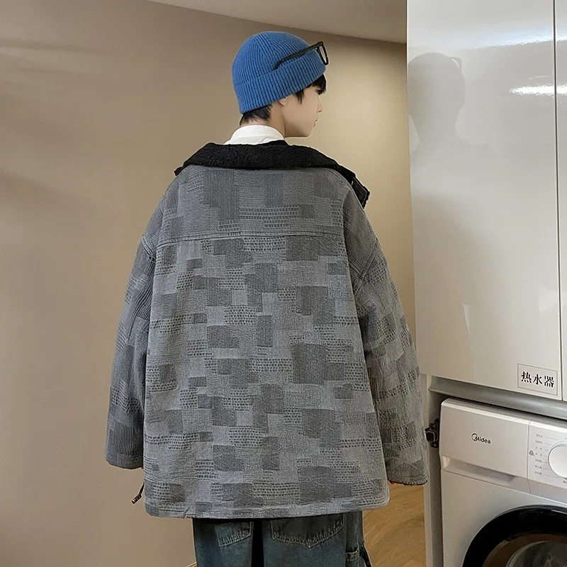 Denim Stitching Cotton Jacket Men's Retro Plus Velvet Thickening Imitation Lamb Wool Coat Tide Brand Ins Loose Winter Coat