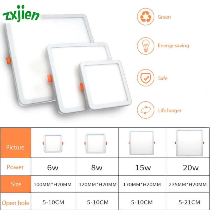 Panel de luz LED de alta calidad, luces empotradas ultradelgadas, 6W, 8W, 15W, 20W, 220V, lámpara de techo cuadrado redondo, blanco cálido/frío