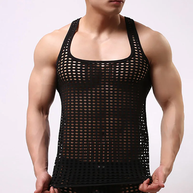 Мужские майки Нижние рубашки сетчатые прозрачные гей ажурные сексуальные