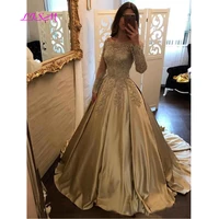 golden lace appliques long quinceanera dress elegant long sleeves satin beaded party formal dresses custom plus size prom gowns