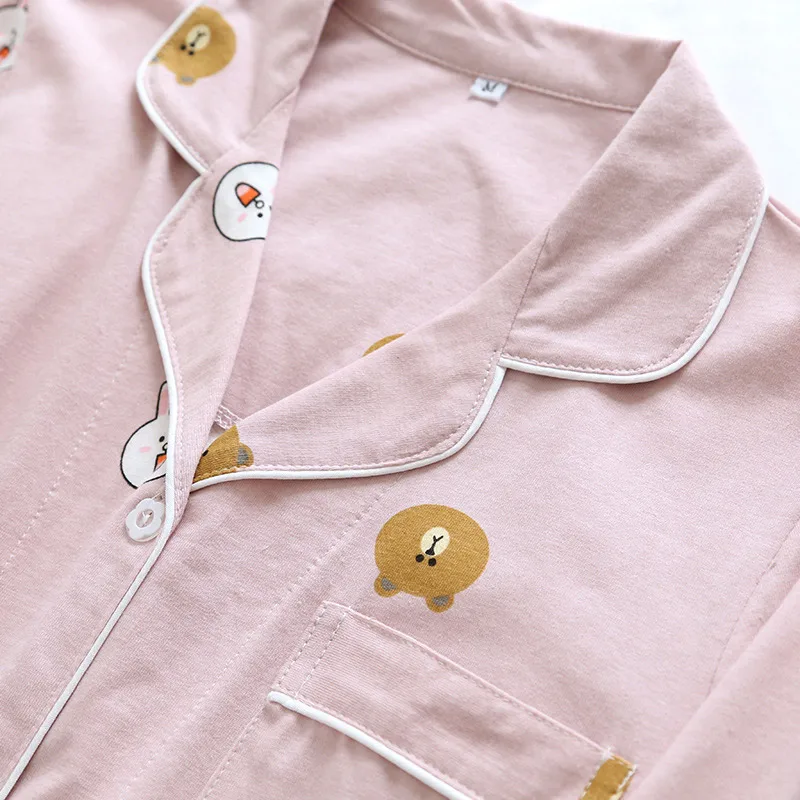 

Women's Pajamas Set Knitted Cotton Carton Print Elastic Waist Loose Homewear Female Spring Autumn Casual Sweet Ladies Sleepwear