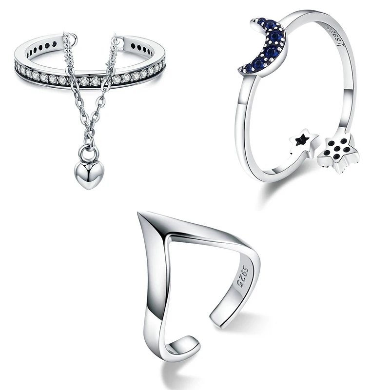 Женское кольцо с открытым пальцем VOROCO оригинальное серебряное Луной и звездой 925