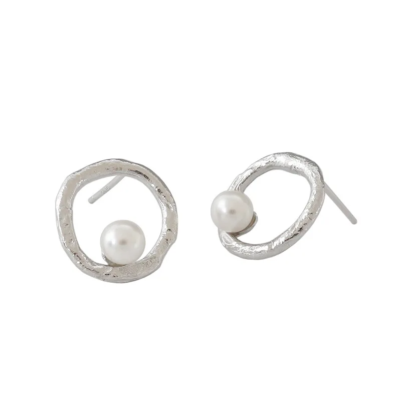 

CH-1076 S925 Sterling Silver Stud Earrings Irregular Circle Shell Beads Gold and Silver Tinfoil Paper Pattern Stud Earrings