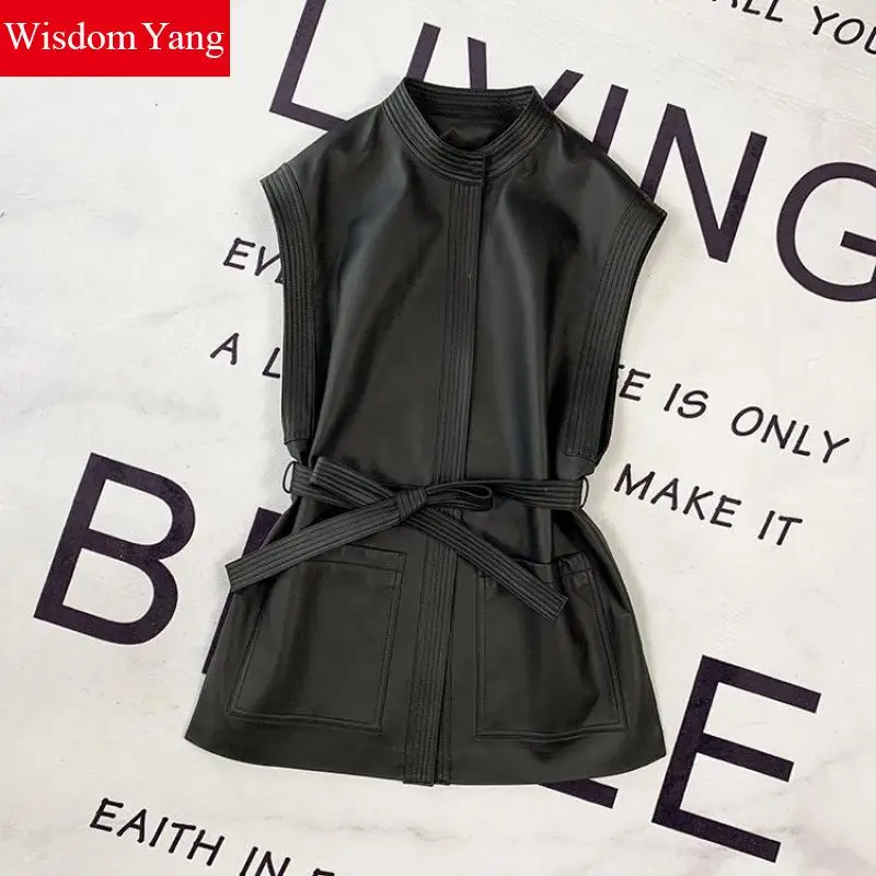 Real Sheepskin Genuine Leather Sleeveless Long Coat Womens Zipper Pockets Overcoat Ladies Bomber Moto Jacket Coats Outerwear