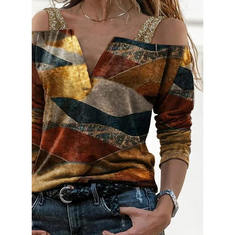 

Printed Sequin Pullover Long Sleeve Shirt V-neck Top Women Blouses Shirt Goth Shirts Blouse Women Blouse Vintage Long Sleeve