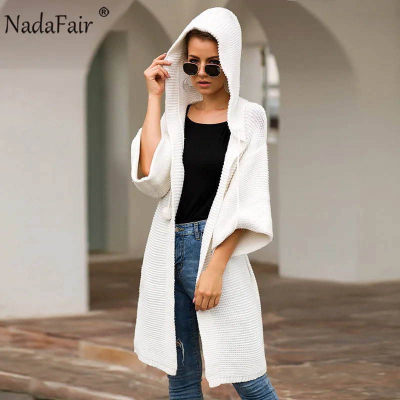 Nadafair, толстый зимний вязаный длинный кардиган, женский, плюс размер, однотонный, Повседневный, ленивый, красный, розовый, белый, с капюшоном, больше размера d, свитера для женщин - Цвет: Белый