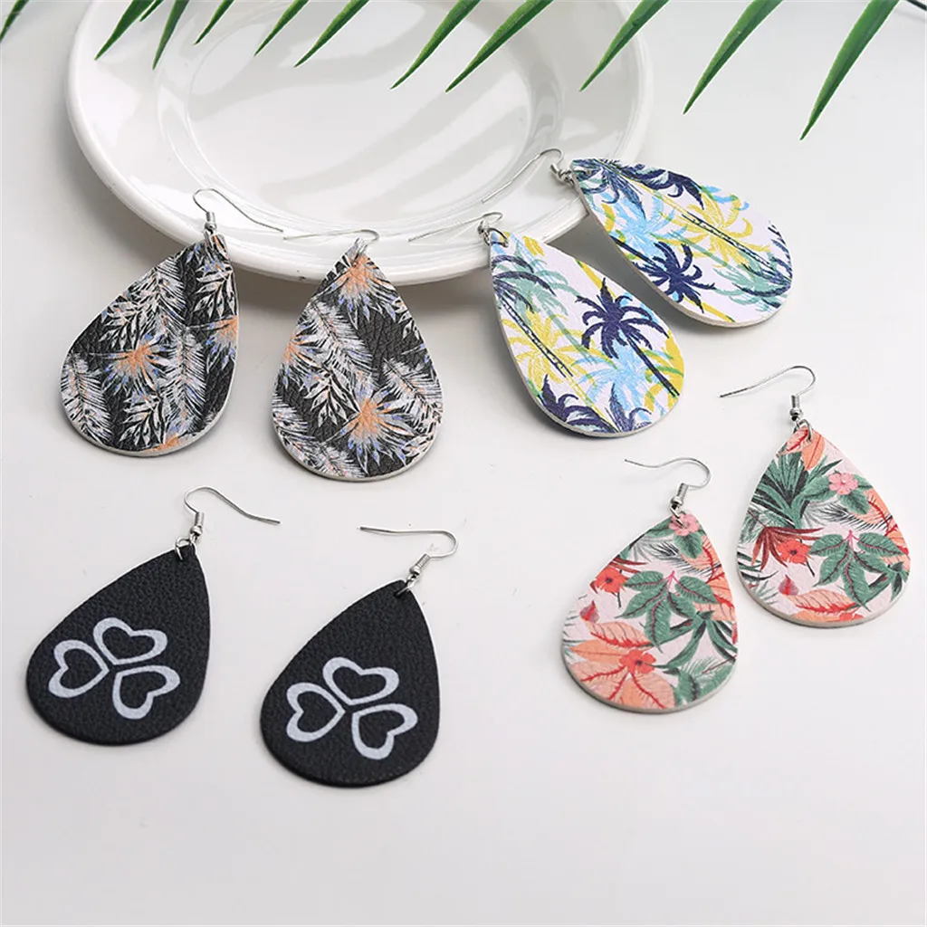 Модные Этнические серьги двухсторонние с принтом каплевидные кожаные сережки