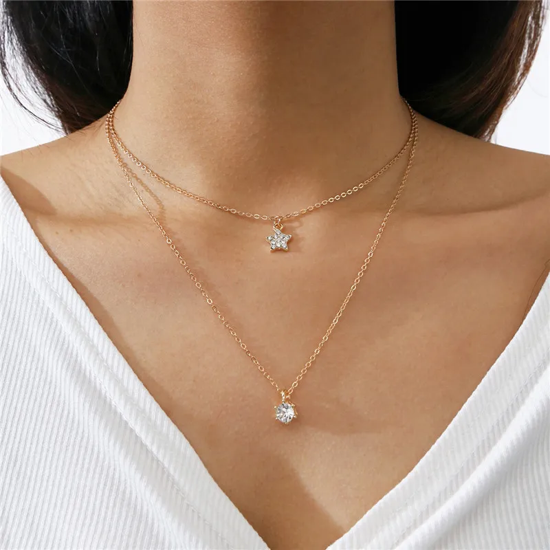 

HI MAN Exquisite Star Oval Crystal Double layer Pendant Necklace Women Elegant Charm Birthday Gift Jewelry Accessories