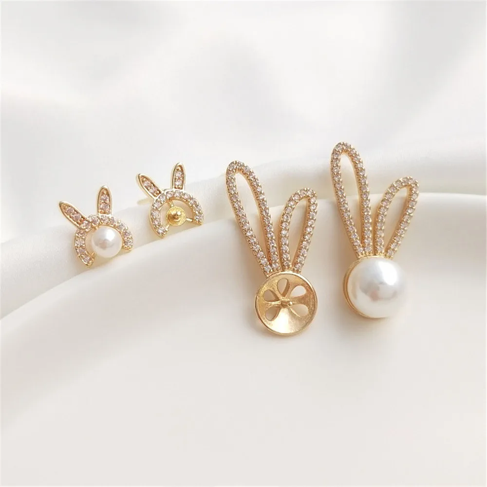 

14K Gold Filled Plated Zircon bunny ear studs 925 silver pin Rabbit ears DIY inlaid half hole bead bracket earrings