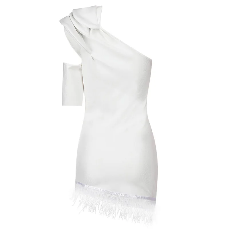 

Beateen 2020 New Sexy Slash Neck One Shoulder Short Sleeve Feather Hem Backless Mini Dress Women Party White Vestidos