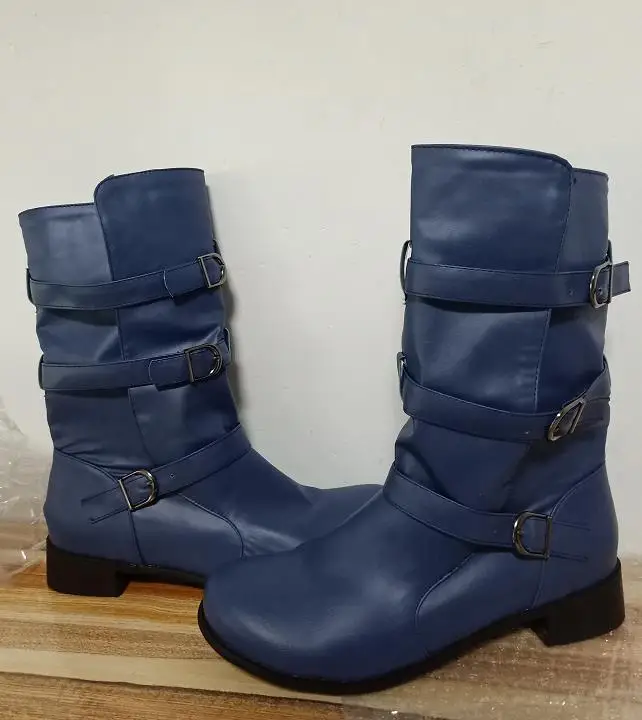 

Women mid-calf Boots gladiator low heels winter snow warm shoes Booties vintage PU leather buckle matin Shoe botas mujer HP2673