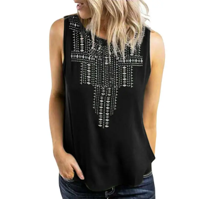 

Womens Printed Sleeveless Vest Summer 2021 Casual Loose Tee Tank Tops Casual Fashion Ladies Round Neck Tees