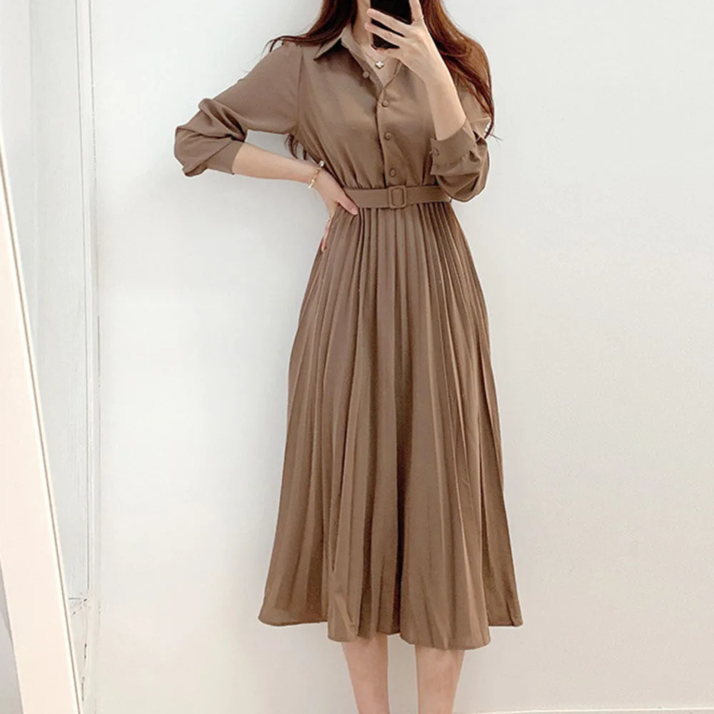 

Casual Women's Dresses Maxi Dress Elegant Korea Chic Spring Long Sleeve New French Lapel Belt Long Pleated Shirt Dress Women