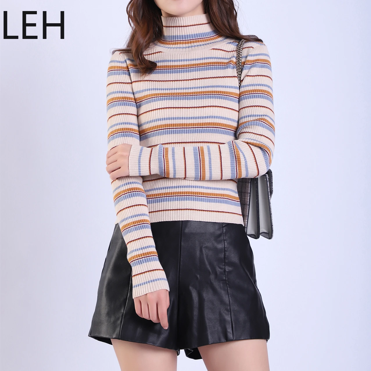 LEH Женская Новая мода Tricots Водолазка пуловер в полоску зимние топы однотонный