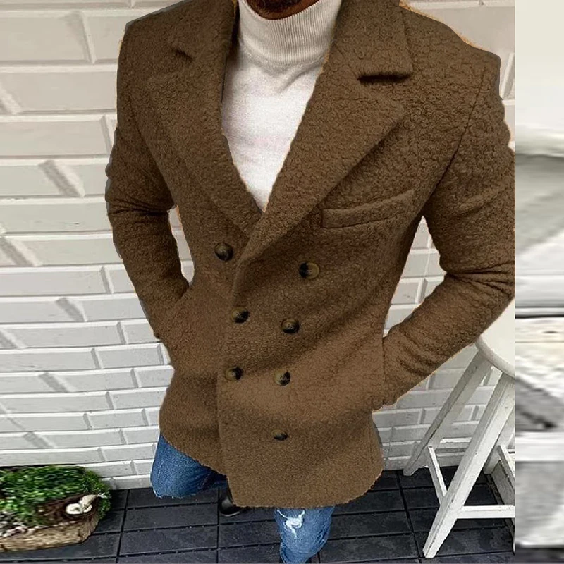 

Пальто мужское шерстяное однотонное с отложным воротником, модная длинная куртка, Повседневная теплая двубортная верхняя одежда с длинным ...