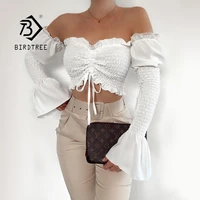 summer sexy rawstring off shoulder blouse crop top casual patchwork solid long sleeve lace up shoulder navel blouse top t16803x