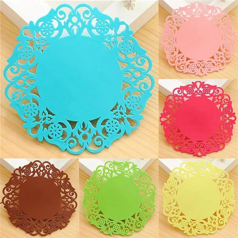 

2021 Lace Flower Hollow Design Cup Mat Tablemat Silicone Tea Coaster Anti-Slip Coffee Cup Pad Placemat Table Decoration Supplies