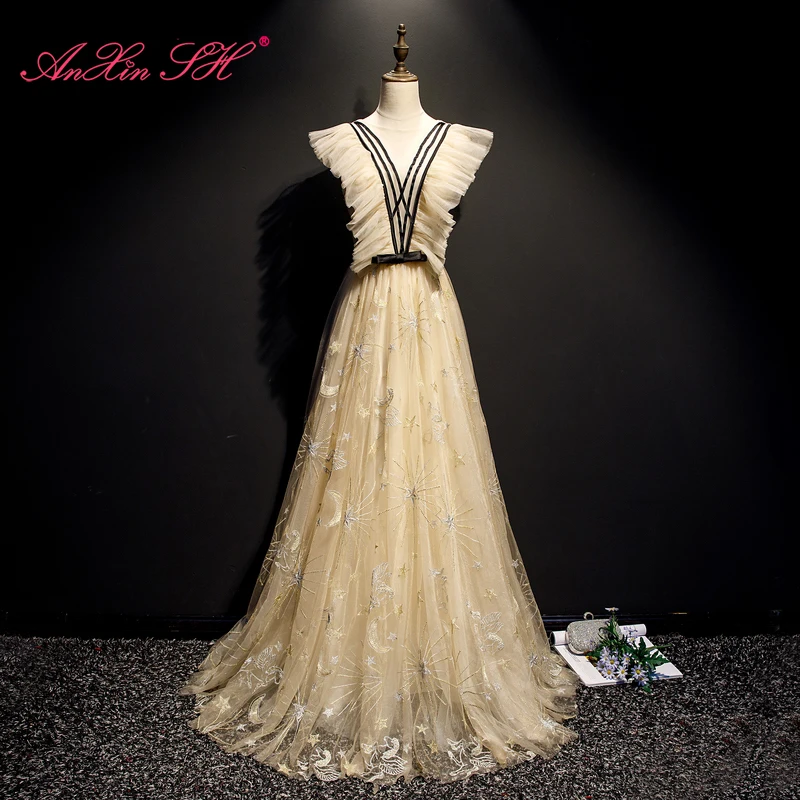 AnXin SH принцесса платье с цветочным рисунком цвета шампанского черного кружевами