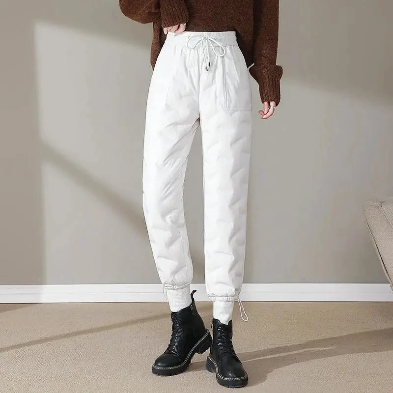 

White Down Cotton Tie Waist Pants Women Autumn Winter Warm Thick Sweatpants Korean Fashion Fall Slin Casual High Waist Trousers