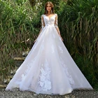 Прозрачное свадебное платье с глубоким круглым вырезом и 3D цветами с аппликацией и длинными рукавами телесного цвета, сексуальное свадебное платье с иллюзией на спине