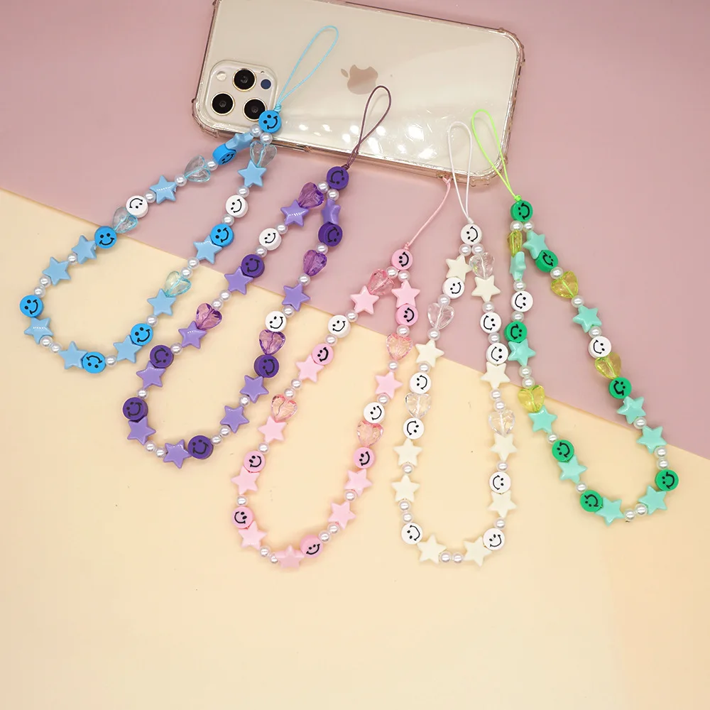 Colorful Smile Pearl Star Soft Pottery Mobile Phone Strap Lanyard For Women Ladies Fashion Jewelry Phone Case Hanging Cord