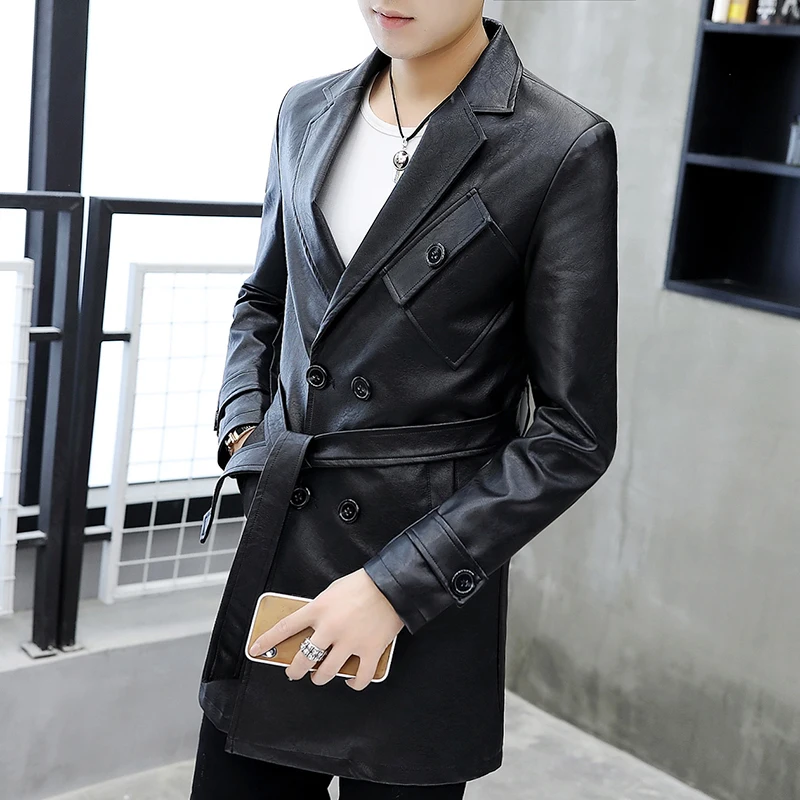 2019 Осенняя мода мужская кожаная куртка блейзеры черный мужской длинный кожаный
