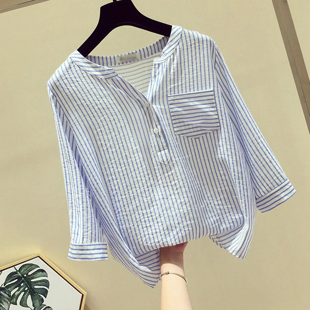 Summer Top Women Fashion Leisure V-Neck Tops Pocket decoration Button Stripe Half Sleeve Blouse Clothes 2020#25 | Женская одежда