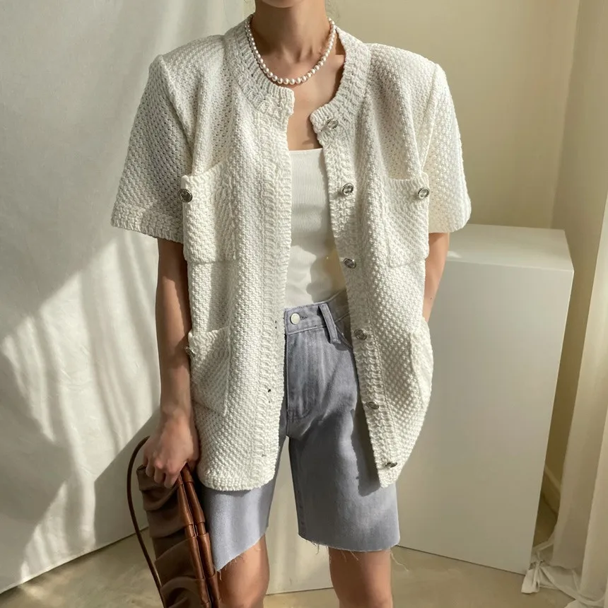 

Lady Knitted Solid Cardigans Chic New Femme 2021 Gentle High Quality Elegance Summer Basic Jackets Short Sleeves Coats