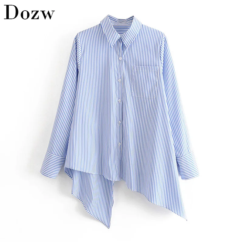 Рубашка Женская Асимметричная в синюю и белую полоску офисный Повседневный Топ с