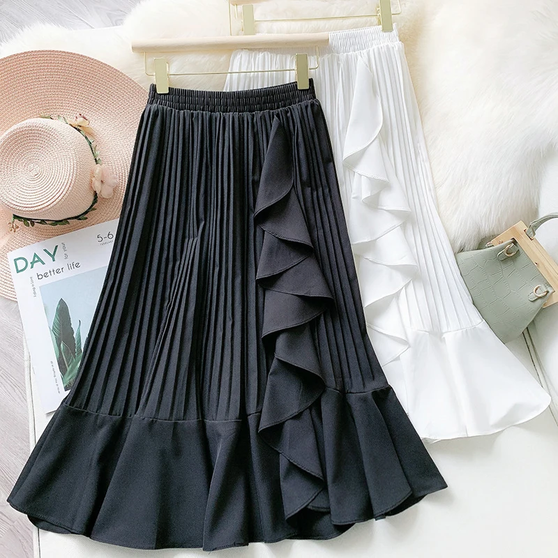 

Wasteheart Summer New Women Fashion Black White High Waist Ruffles Pleated A-Line Mid-Calf Long Skirt Mesh Clothing Ball Gown