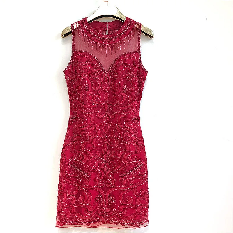 

Luxury Mother Of The Bride Dress Lace Beads Sleeveless Sheer Neck Evening Dress For Wedding Women Elegant Sequined Party Dress