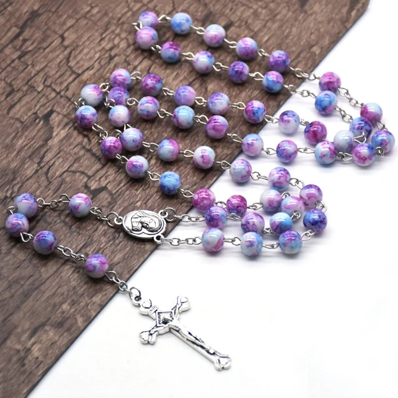 

Handmade Rosary Necklace with Jesus Crucifix Prayer Beads Catholic Religious Ornament Christian Prayer Gift