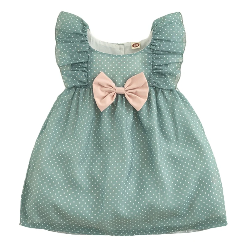

Summer Sweet Baby Dress Children Dot Knee Length Geometric Pattern Sleeveless Ball Gown Dress Green Color Kids Clothing
