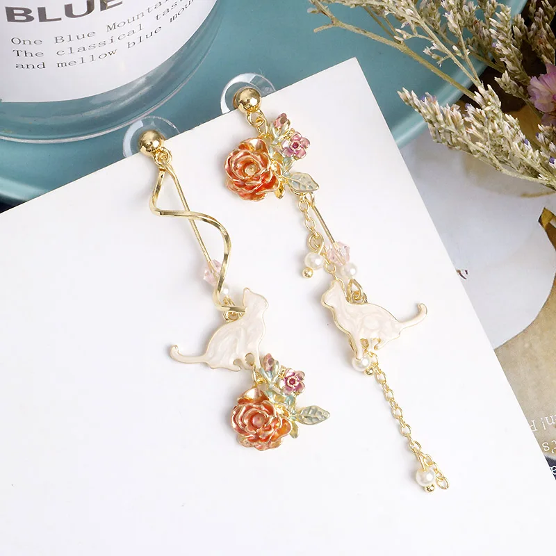 

Sweet Girl's Heart Elegant Flower Cat Asymmetric Long Ear Pendant Female Mori Immortal Hipster Earrings Ear Stud