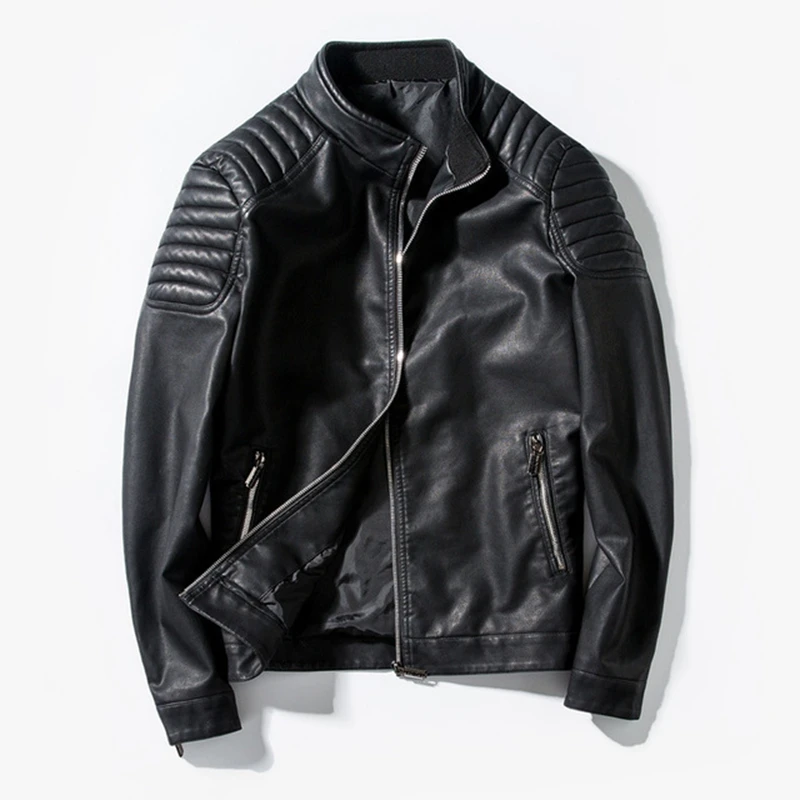 

2021 Winter Black Leather Jacket Men Fur Lined Warm Motorcycle Jacket Slim Street Fashion BLack Biker Coat Pleated Design Zipper