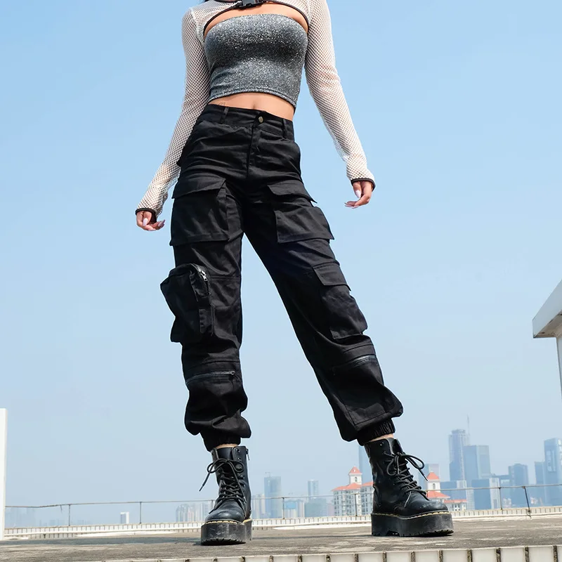 

HED Black Cargo Pants Women 2020 Streetwear Hippie Trousers Pockets High Waist Pants for Women Joggers Hippie Sweatpants