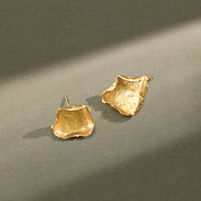 

Real 925 Sterling Silver Women's Earrings Girl's Gift Ear Accessories, Gold Color Asymmetrical Fold Stud Earrings Jewelry