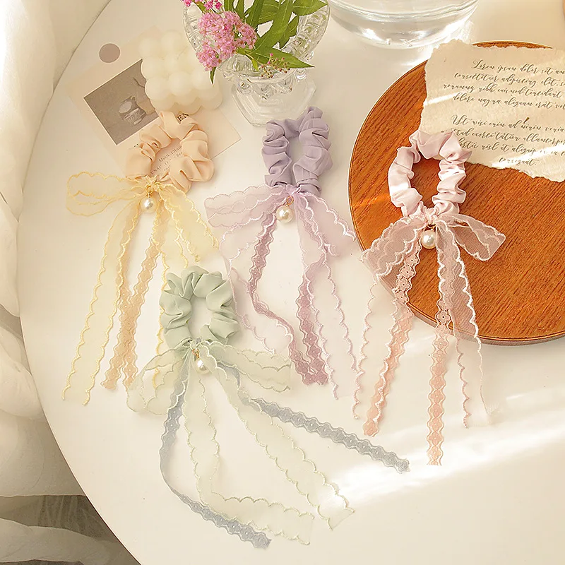 

2021 Fashion Pure Color Lace Bowknot Elastic Rubber Band For Girls Woman Streamer Head Flower Pearl Hair Ornament Accessories