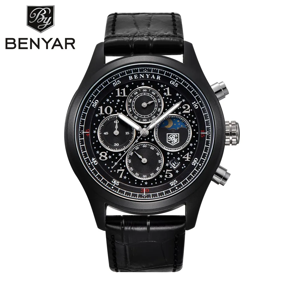 leather all black BENYAR мужские часы водонепроницаемые кварцевые спортивные часы для мужчин синий циферблат бизнес часы мужские часы hodinky relogio masculino saat - Цвет: leather all black
