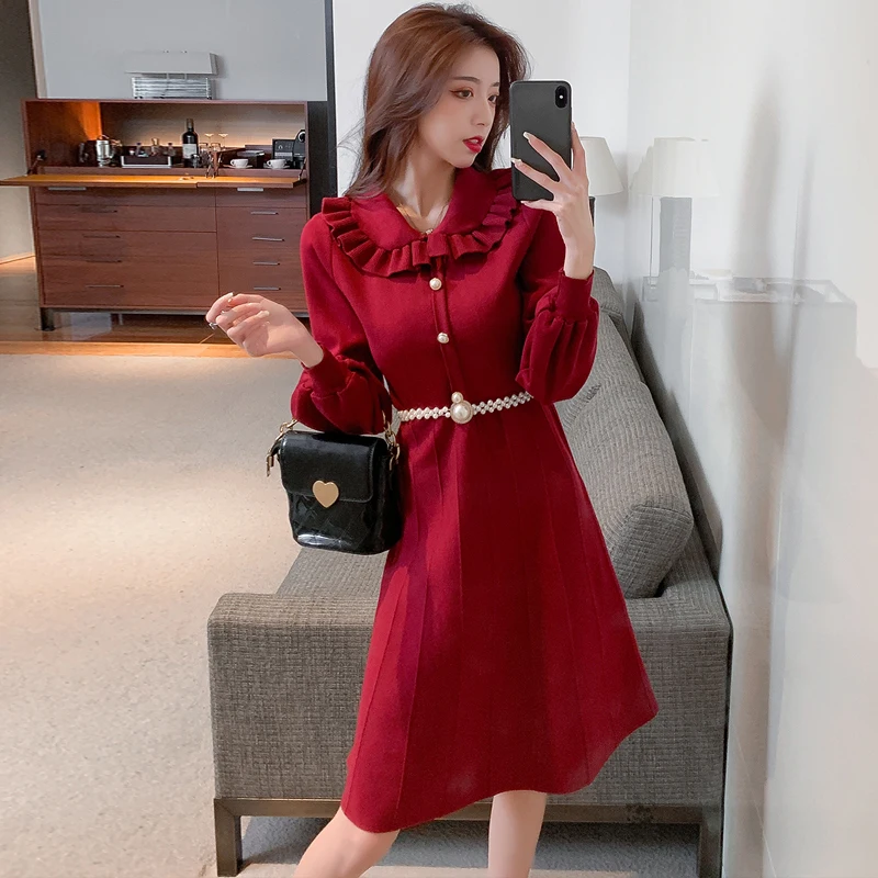 

Women's Dress Autumn Cute Knitted Sweater Dress Long Puff Sleeve Peter Pan Collar Black Red Ruffles Elegant Slim Dress with Belt