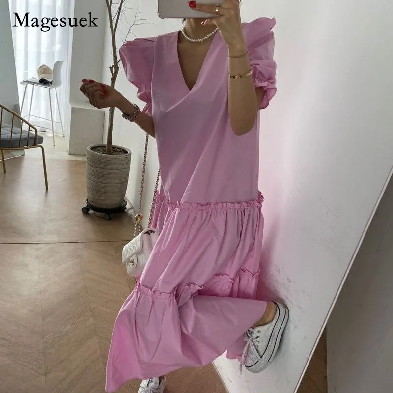 

Solid New Fashion Summer Women Dress Cotton Bubble Sleeve V-Neck Dress for Women Elegant Loose Waist Dress Vestido 14003