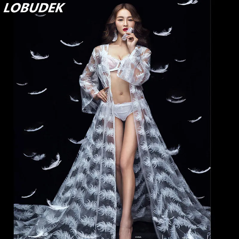 Длинное прозрачное пальто с белыми перьями женский прозрачный костюм для бара