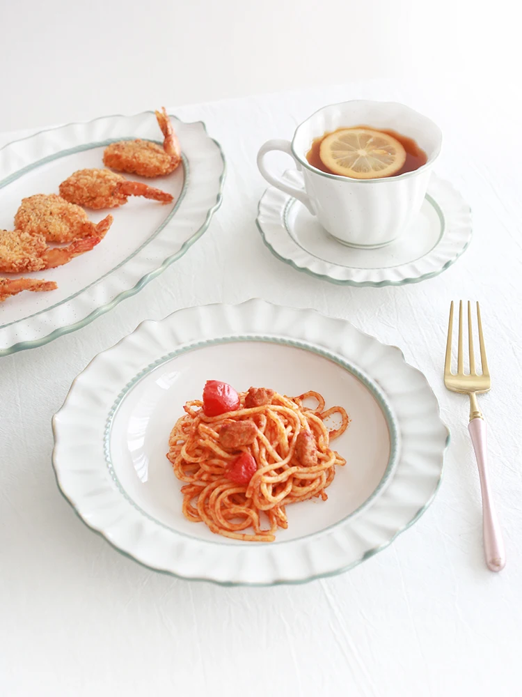 

French Romantic Lace Court Style Ceramic Plate European Tableware Western Plate Soup Plate Bowl Plate Set Coffee Cup Saucer