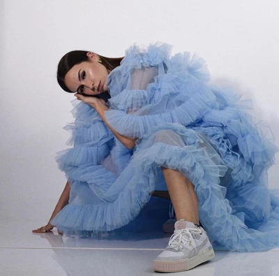 

Gorgeous Sky Blue Ruffled Tulle Dresses Women Girls Half Sleeves See Thru Long Formal Tulle Dressing vestido Custom Made Plus
