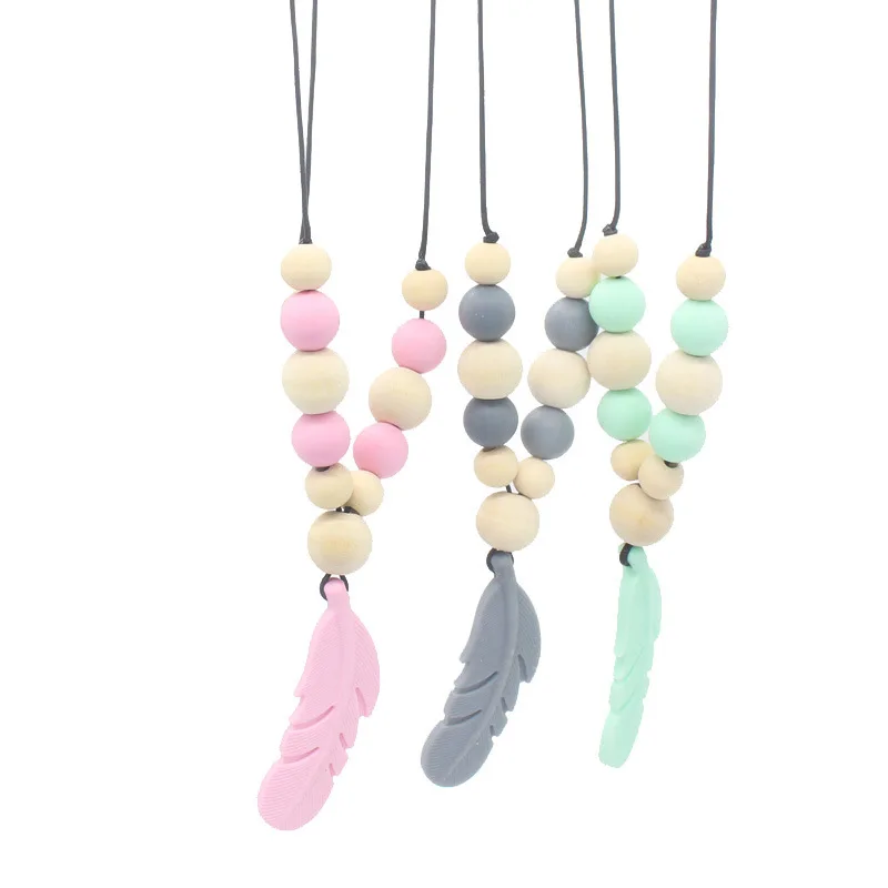 Juguete de dentici&oacute;n para beb&eacute;, mordedor de silicona para entrenamiento de beb&eacute;, collar con colgante de pluma, cuentas de juguete para masticar, chupete, Clip, juguetes, regalos-0