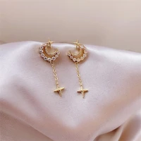 korea moon star earrings for women long pearl zircon hollow stud earrings sweet leaves luxury jewelry fashion trend new 2021