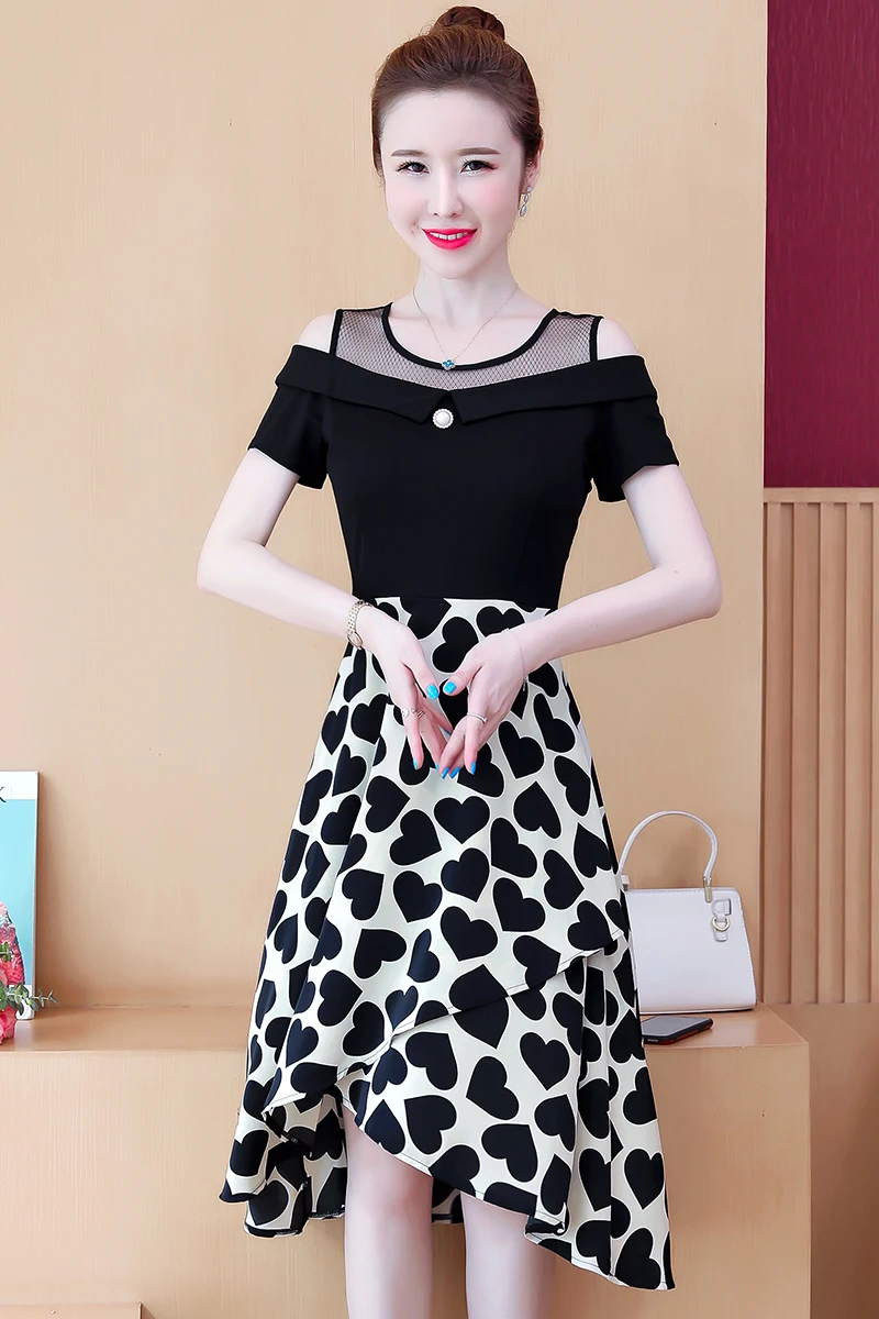 

COIGARSAM 5XL Plus Size Patchwork Women one-piece dress korean Summer Print Mesh Dresses 9210