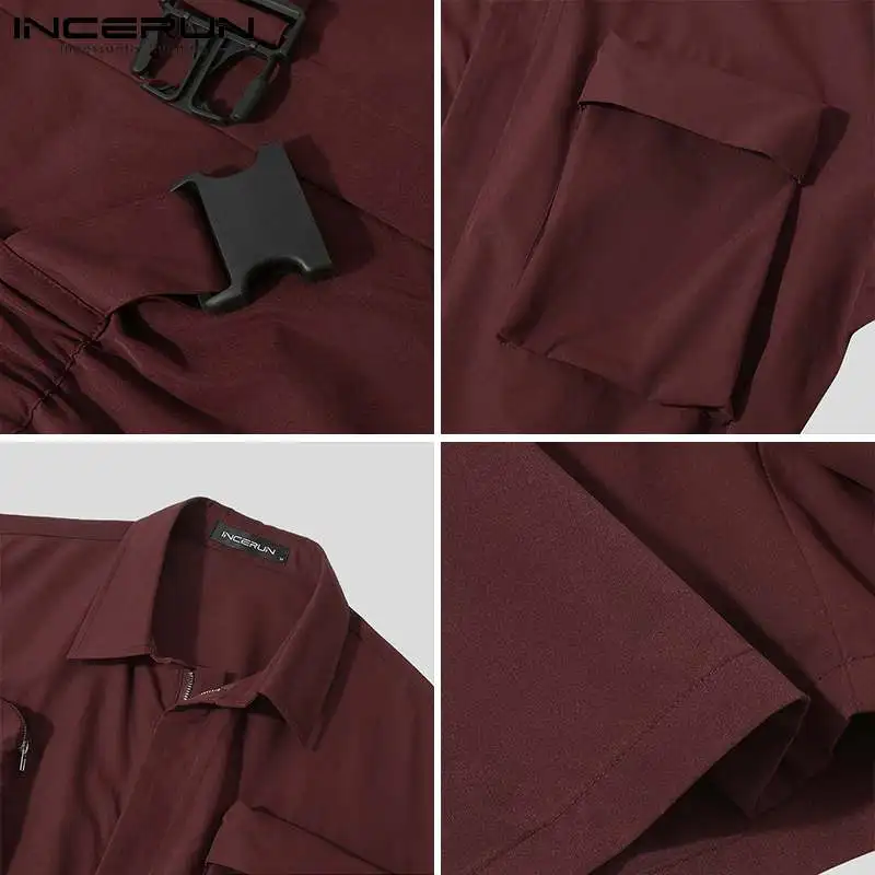 

2021 Men Cargo Overalls Solid Color Streetwear Lapel Short Sleeve Summer Casual Rompers Pockets Fashion Jumpsuits S-5XL INCERUN