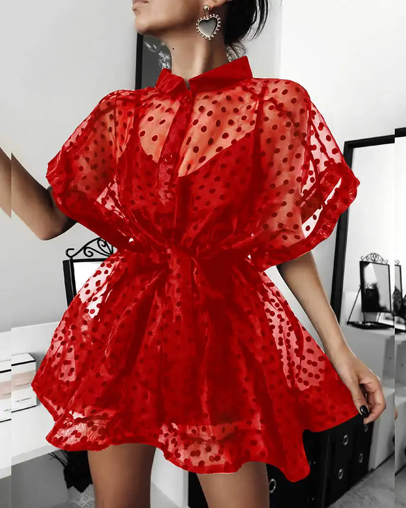 Платье женское полупрозрачное в горошек, с ложным воротником и коротким рукавом, 2022