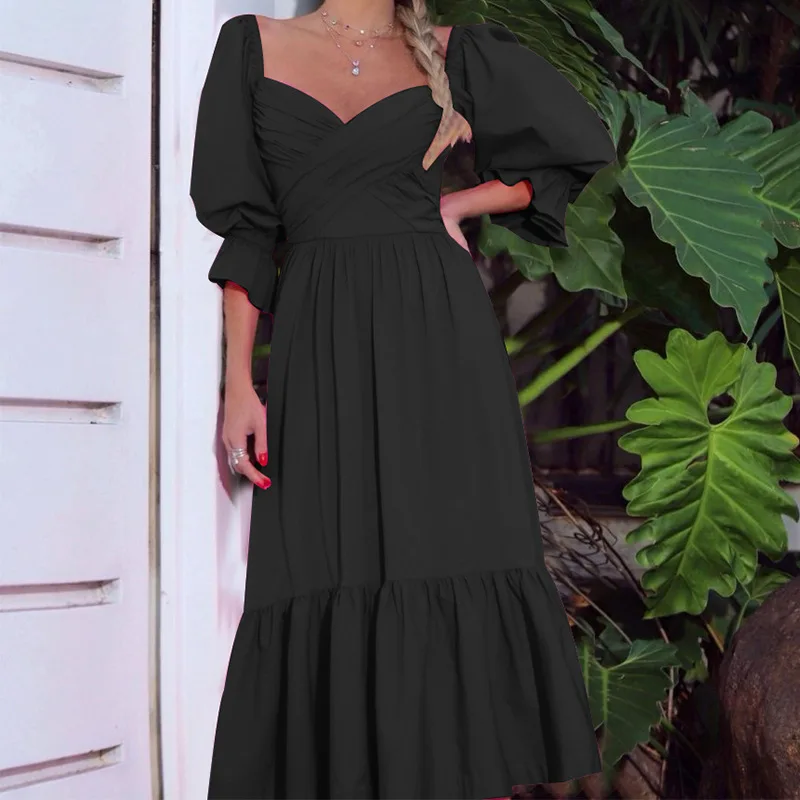 

Fashion Strapless Cross Off Shoulder Party Dresses Women Elegant Solid Lantern Sleeve Long Dress Vintage Backless Female Dress